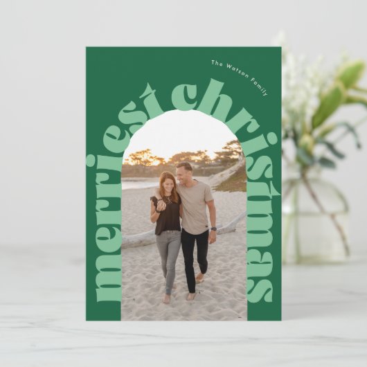 Groene Vette Kerst Ovale Boog Eén Foto Feestdagenkaart (Staand voorkant)