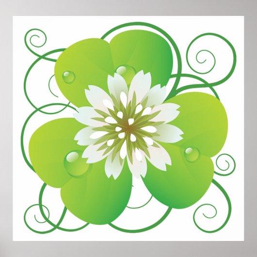 Groene vierbladige klaver met witte bloei poster (Voorkant)