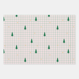 Groene vierkanten met kerstbomen op wit inpakpapier vel