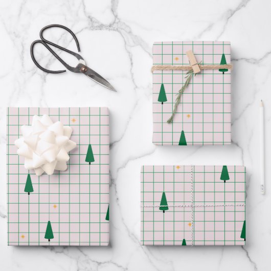 Groene vierkanten met kerstbomen op wit inpakpapier vel (Voorkant)