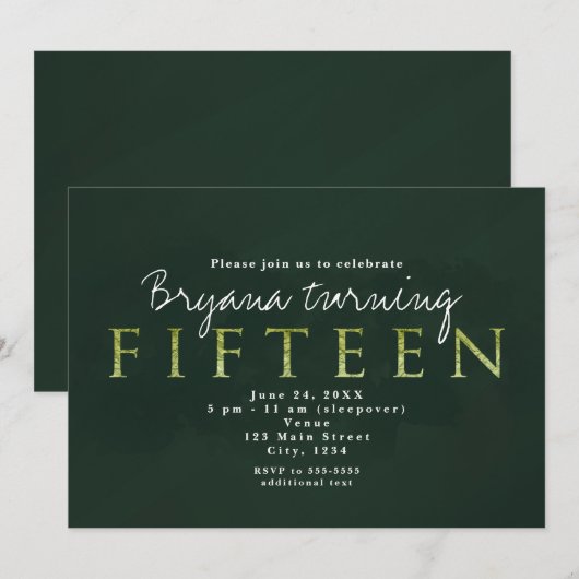 Groene Vijftien 15DE 15 Verjaardagsfeest Uitnodigi Kaart (Voorkant / Achterkant)
