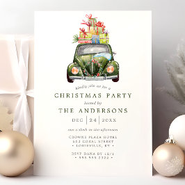 Groene Vintage Auto Retro Aquarel Kerstfeest Kaart