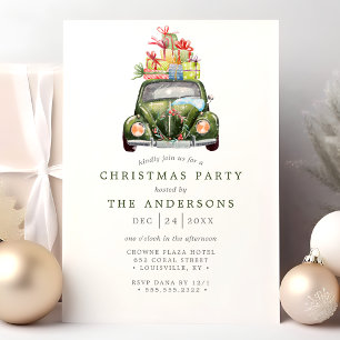 Groene Vintage Auto Retro Aquarel Kerstfeest Kaart