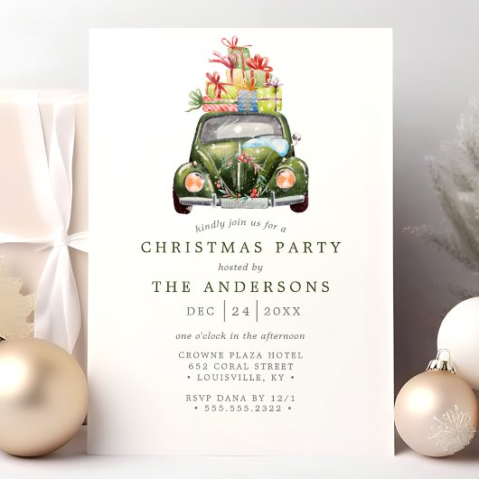 Groene Vintage Auto Retro Aquarel Kerstfeest Kaart