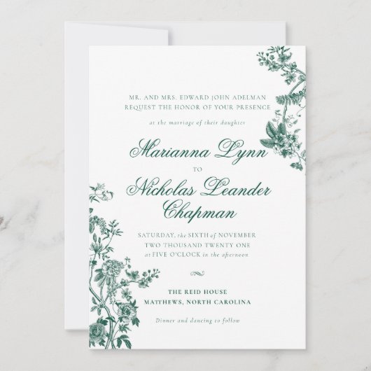 Groene Vintage Bloemen Wedding Suite Uitnodiging (Voorkant)