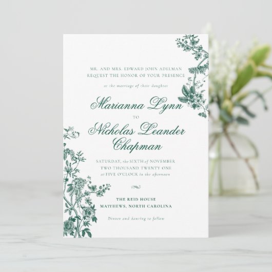 Groene Vintage Bloemen Wedding Suite Uitnodiging (Staand voorkant)