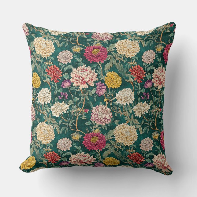Groene Vintage Chinoiserie Bloemen Kussen (Voorkant)