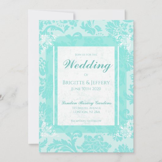 Groene vintage damaskprint uitnodiging in teal (Voorkant)