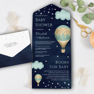 Groene vintage-hedenballon marineblauwe baby showe all in one uitnodiging