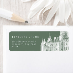 Groene Vintage Kasteel Illustratie Huwelijk Retour Etiket