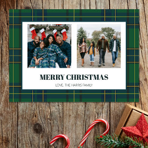 Groene Vintage Kerstkaart met Plaid en Twee Foto's
