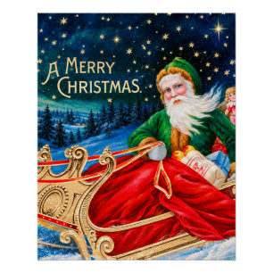 Groene Vintage Kerstman slee met sterrenhemel Perfect Poster