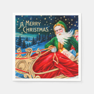 Groene Vintage Kerstman slee met sterrenhemel Servet