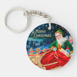 Groene Vintage Kerstman slee met sterrenhemel Sleutelhanger