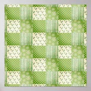Groene vintage look en ecru patchwork poster