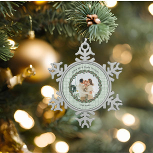 Groene Vintage Plaid Foto Tin Sneeuwvlok Ornament