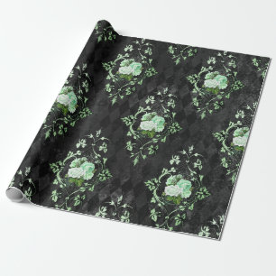 Groene vintage rozen en zwart harlekijnpatroon cadeaupapier