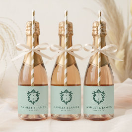Groene Vintage Sierlijke Wapen Huwelijk Sparkling Wijnetiket