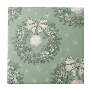 Groene Vintage Toile Kerstkrans Tegeltje