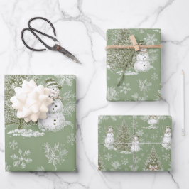 Groene Vintage Toile Kerstmis Sneeuwman En Bomen Inpakpapier Vel