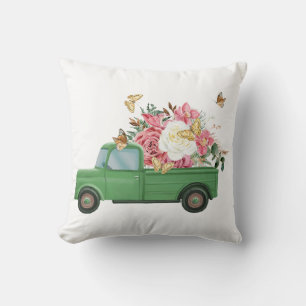 Groene vintage truckworp kussenhoes met bloem kussen
