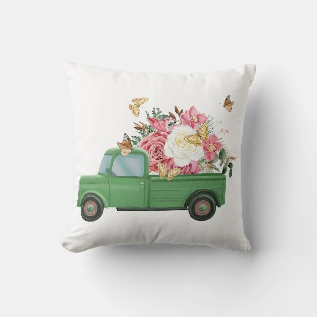 Groene vintage truckworp kussenhoes met bloem kussen (Voorkant)