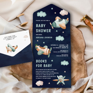 Groene Vintage Vliegtuigjes Navy Blauwe Baby Showe All In One Uitnodiging