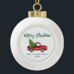 Groene Vintage Waterverf penseelscript Keramische Bal Ornament<br><div class="desc">Penseel Script Waterverf  Red Truck met kerstboom - Merry kerstversiering</div>
