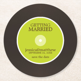 Groene Vinyl Record Bruiloft Save the Date Bruilof Ronde Kartonnen Onderzetter