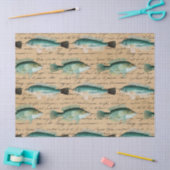 Groene vis en kromme schrijven op Tan-decoupage Tissuepapier (Craft)