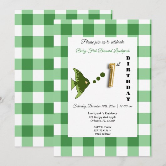 Groene Vis & Gingham Gouden Ballon 1e Verjaardag Kaart (Voorkant / Achterkant)