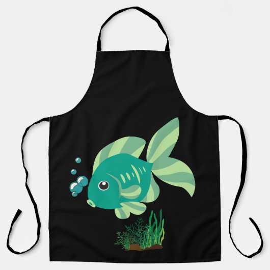 Groene vis met bellen en aquatische planten schort (Voorkant)