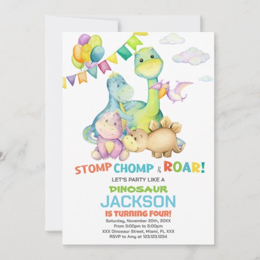 Groene vlaggen Dinosaurus Verjaardag Uitnodigingen (Voorkant)