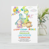 Groene vlaggen Dinosaurus Verjaardag Uitnodigingen (Staand voorkant)