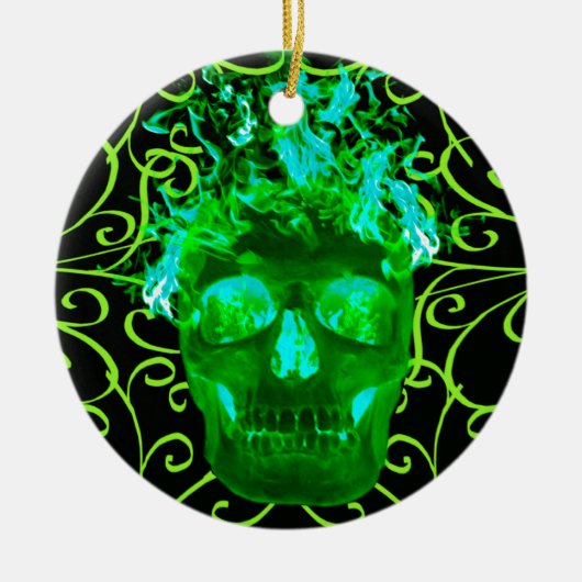 Groene Vlammende Schedel Versiering Keramisch Ornament (Voorkant)