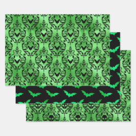 Groene Vleermuis & Schedel Halloween Damast Patron Inpakpapier Vel