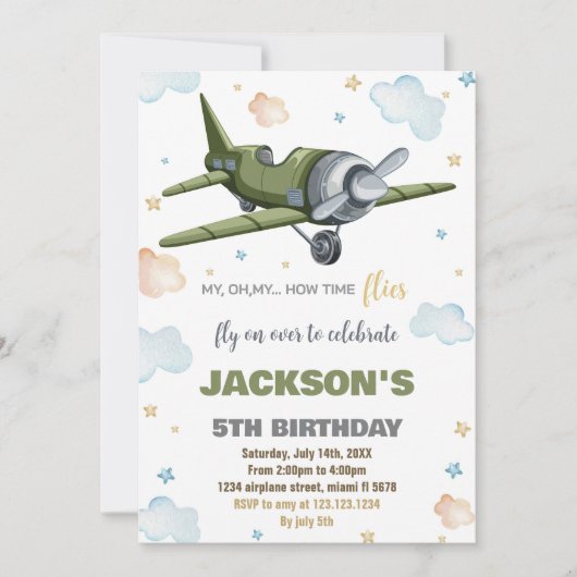 Groene Vliegtuig Verjaardag uitnodigingen (Voorkant)
