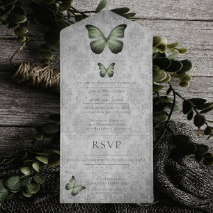 Groene vlinder Damask bruiloft All In One Uitnodiging