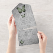 Groene  vlinder Damask bruiloft All In One Uitnodiging (Afscheurbaar)