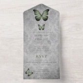 Groene  vlinder Damask bruiloft All In One Uitnodiging (Binnen)