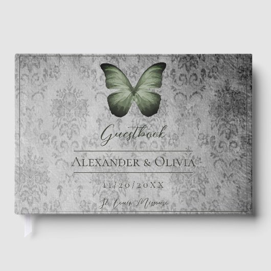 Groene  vlinder Damask bruiloft Gastenboek (Voorkant)