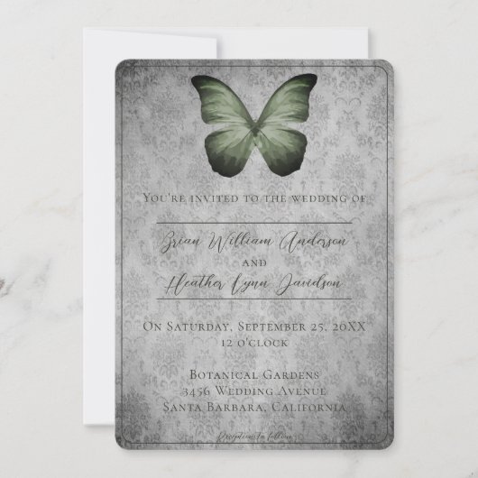 Groene  vlinder Damask bruiloft Kaart (Voorkant)