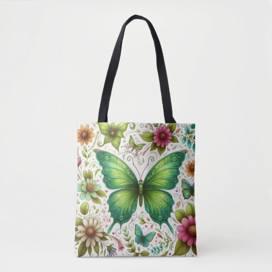Groene vlinder omringd door bloemen tote bag (Voorkant)