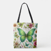 Groene vlinder omringd door bloemen tote bag (Achterkant)
