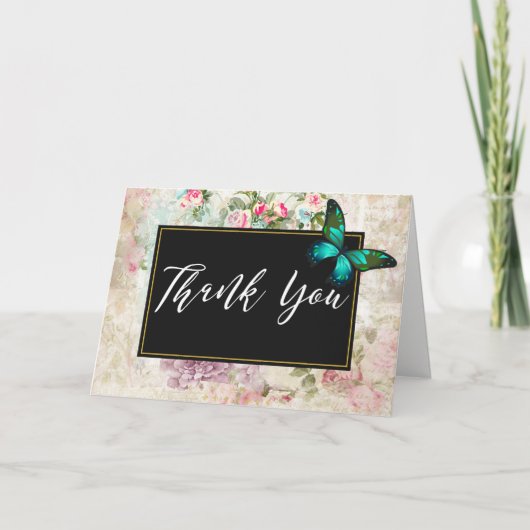 Groene vlinder op chic vintage collage bedankt (Voorkant)