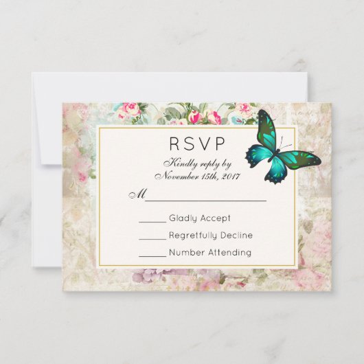 Groene Vlinder op  Collage Wedding RSVP Kaartje (Voorkant)