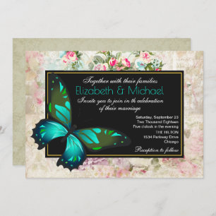 Groene vlinder op een  collage bruiloft kaart