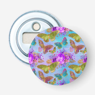 Groene Vlinder Paarse Rozen Tuin Patroon Button Flesopener
