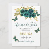 Groene vlinder Quinceanera Save The Date (Voorkant)