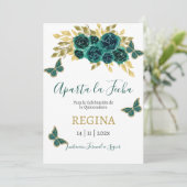 Groene vlinder Quinceanera Save The Date (Staand voorkant)